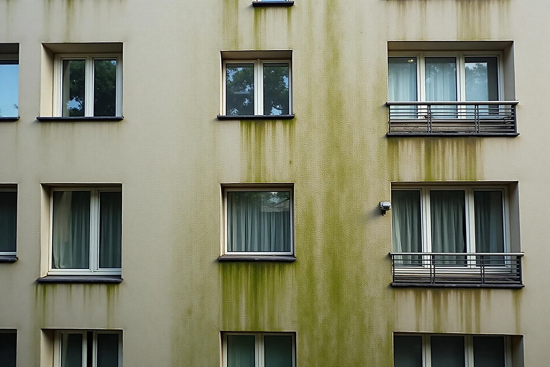 Smutsig fasad före rengöring med synlig mossa och alger