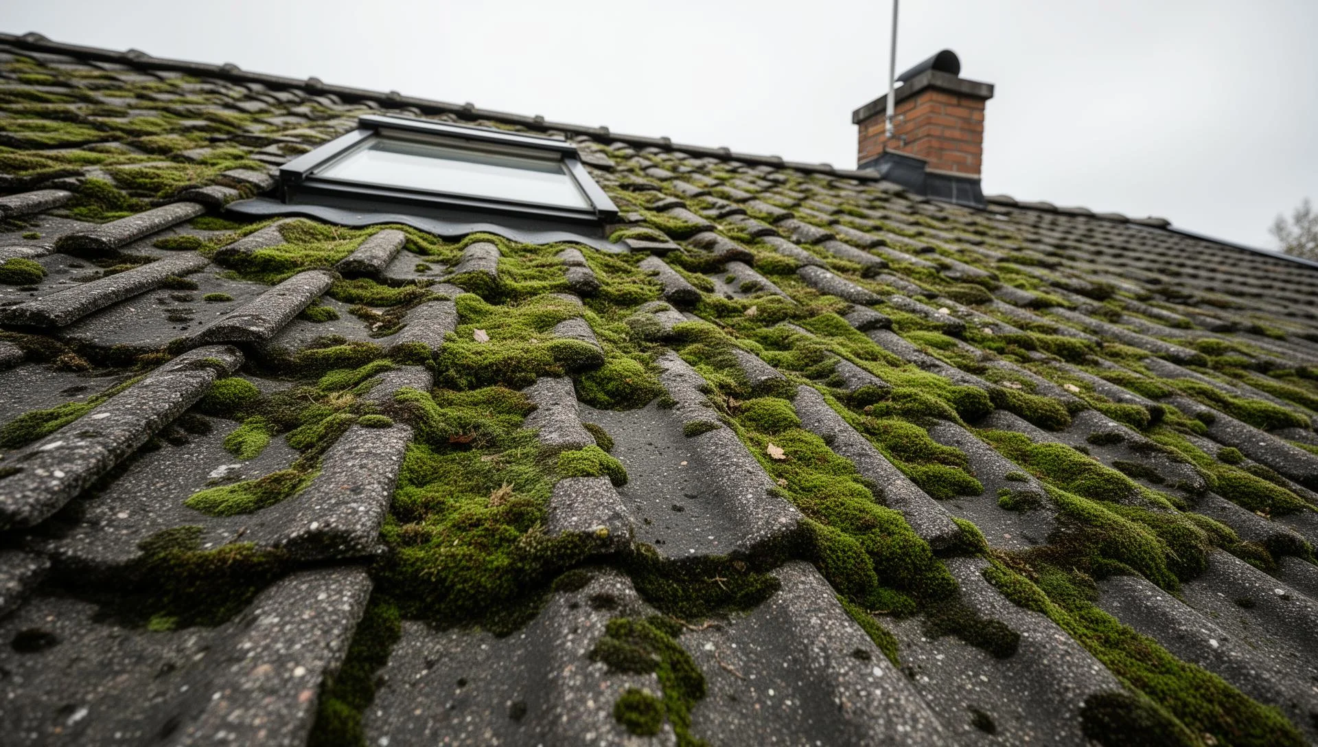 Smutsigt tak före rengöring med synlig mossa, alger och grönbeläggning
