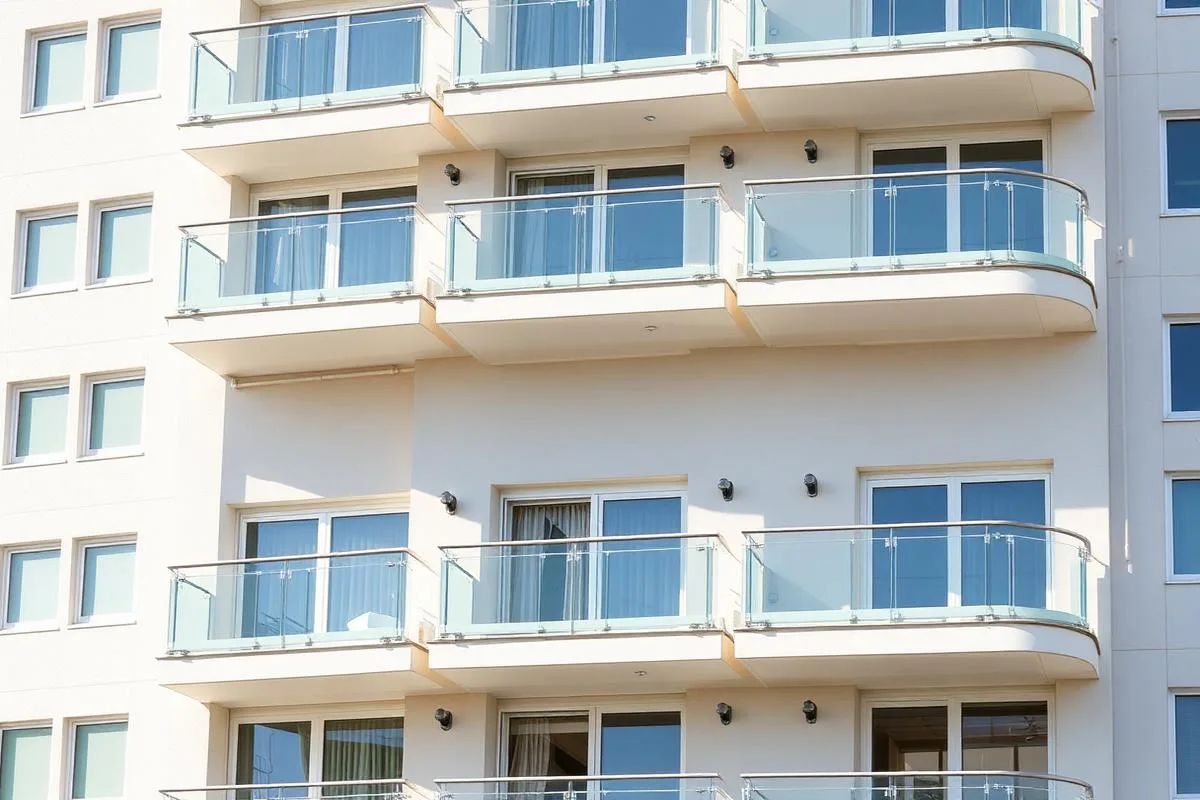 Nytvättade balkonger med glasräcken på ett flerbostadshus