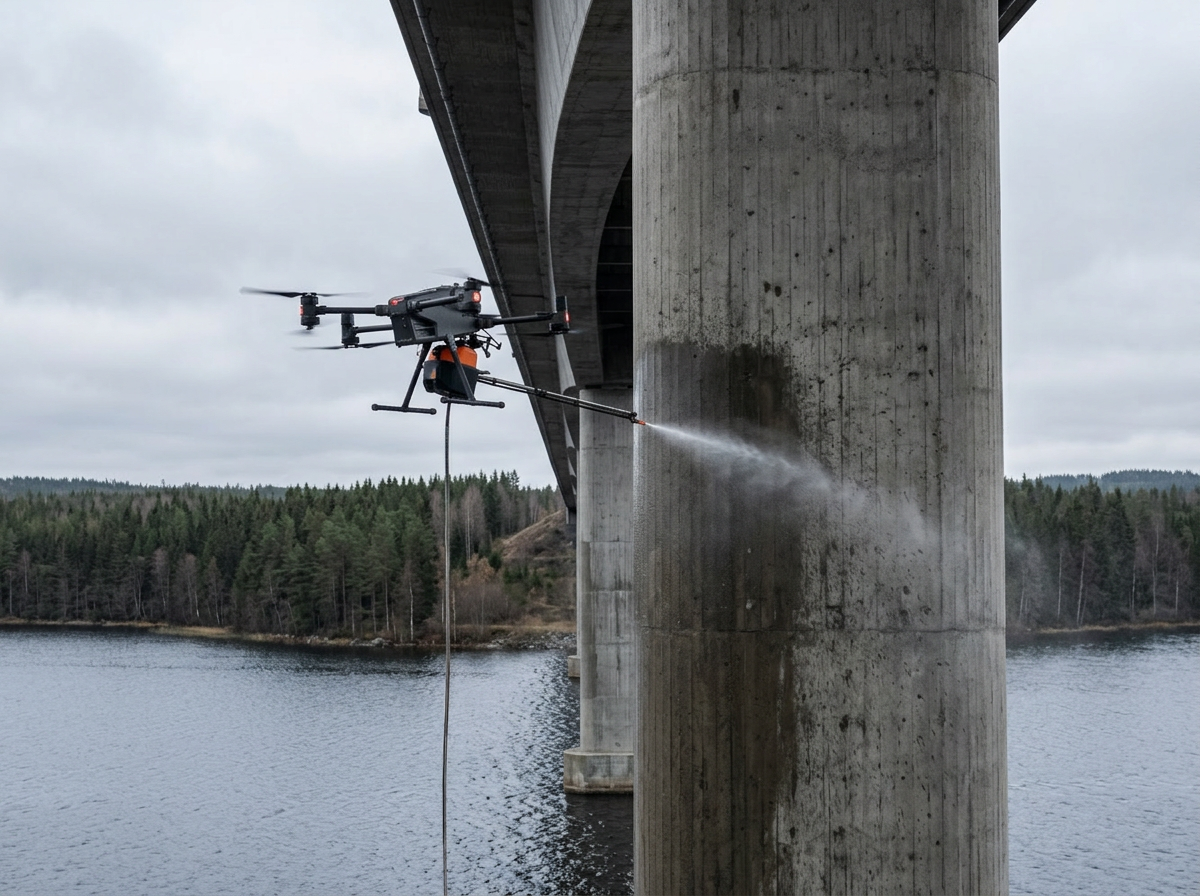Drönare utför broimpregnering på betongbro i svenskt landskap