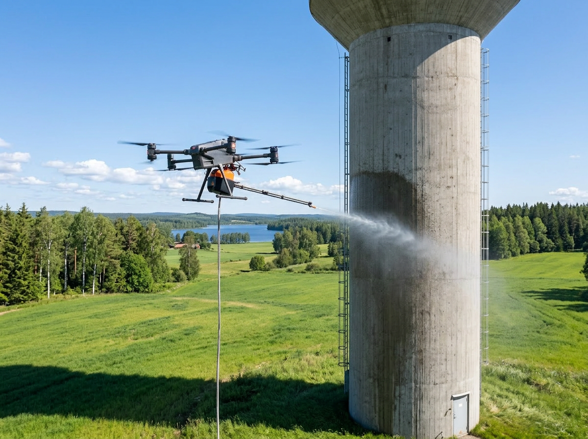 Drönare utför hydrofobering och impregnering på vattentorn i soligt svenskt landskap