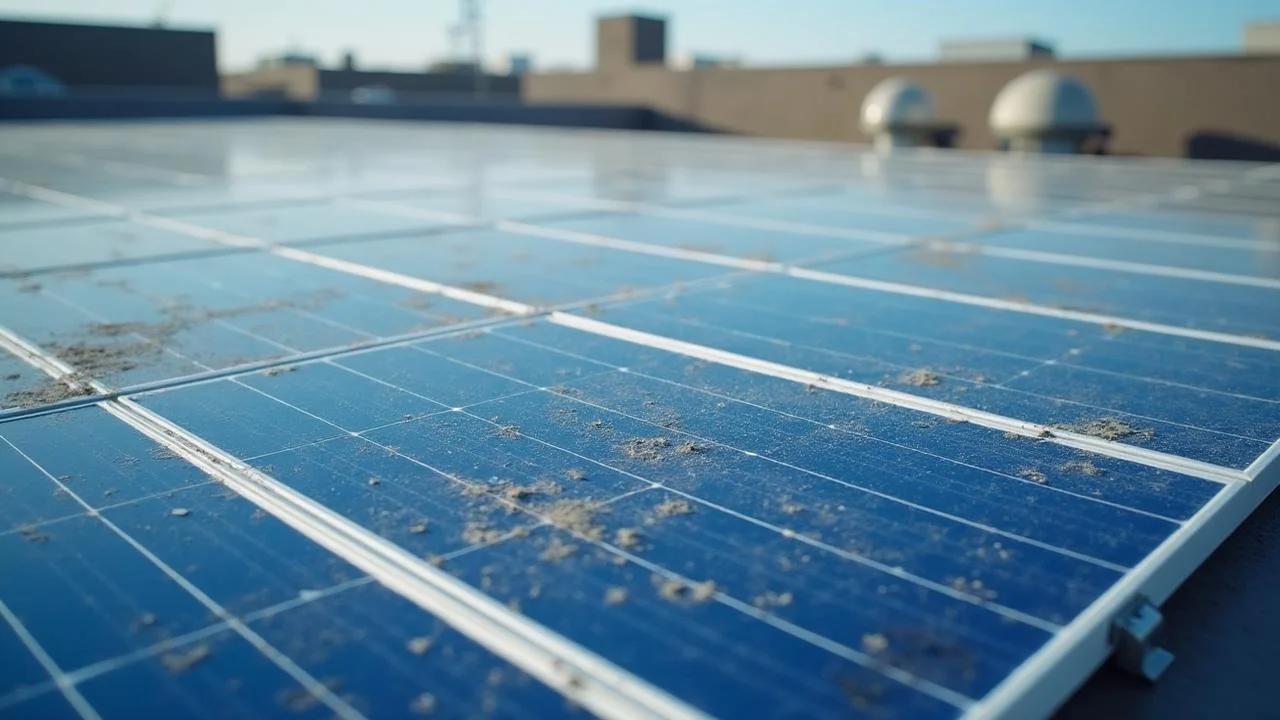 Smutsiga solpaneler före rengöring med damm och fågelspillning